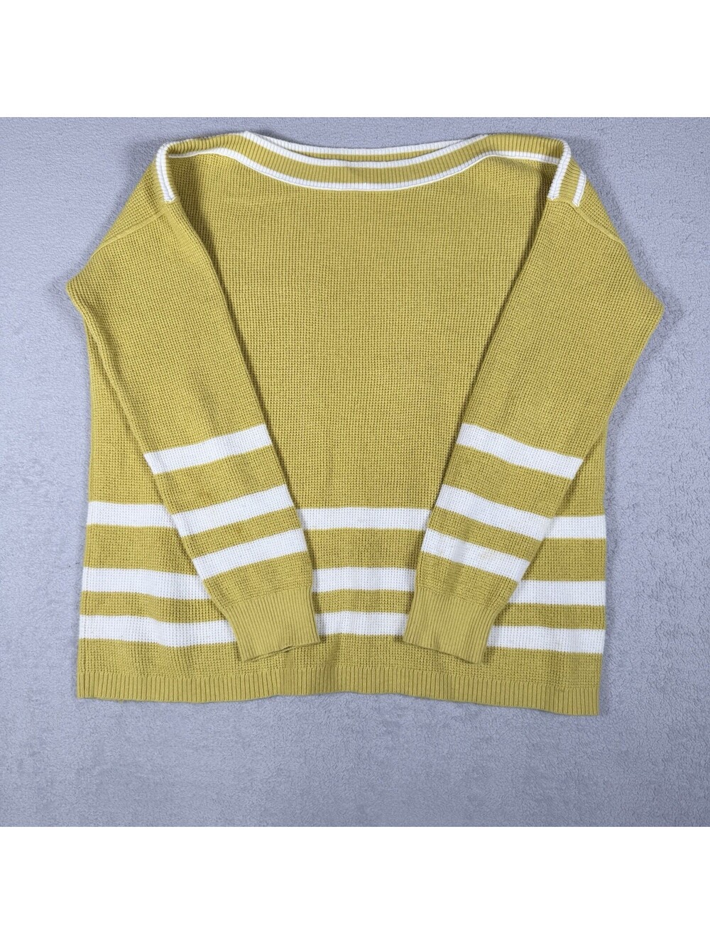 Caslon Women’s Pima Cotton Sweater Sz M Mustard Striped Coastal Chunky Roll Neck